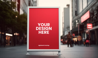 Red square signboard mockup in outside for logo design, brand presentation for companies, ad, advertising, shops.