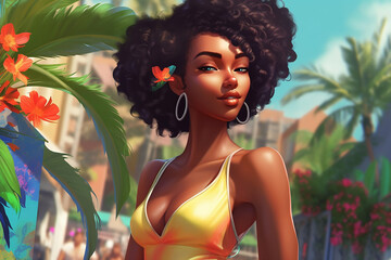 3D anime portrait of a african american woman on a tropical beach resort, ai generated