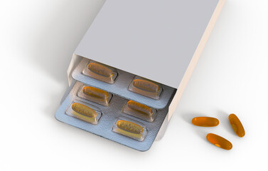 Wall Mural - Editable mockup of fish oil omega 3 golden capsules in two blister pack on a transparent background. 3d rendering.