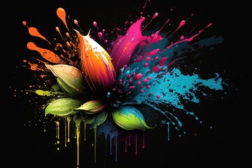 Wall Mural - A flower is depicted in bright colors, with paint splatters, on a black Generative AI