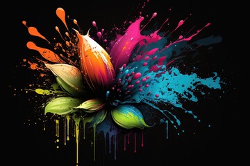 Canvas Print - A flower is depicted in bright colors, with paint splatters, on a black Generative AI