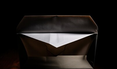 Poster -  a black and white envelope on a wooden table with a black background.  generative ai