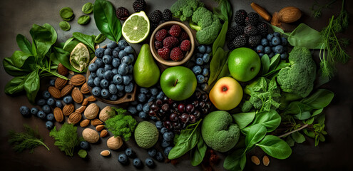 Wall Mural - Collection of fruits, grain, and various other vegetables, light indigo, and green, raw energy. Generative Ai.

