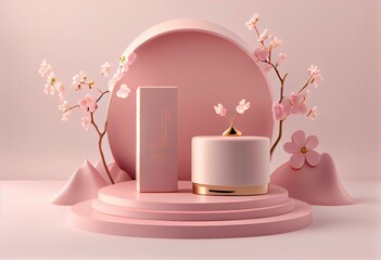 3D background, pink podium display. Sakura pink flower on pastel silk cloth. Cosmetic or beauty product promotion step floral pedestal. Abstract minimal advertise. 3D render copy space. Generative AI