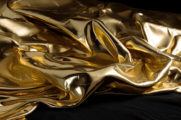 Gold shiny metallic gold fabric, liquid gold fluid, abstract. Generative AI.

