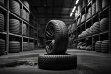 Tires With Rims In A Workshop Or Warehouse. Generative AI