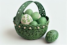 Green Basket With Painted Eggs Isolated On White Background. Generative AI