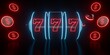 Modern, Futuristic Black 777 Slot Machine And $ Dollar Coins With Glowing Red And Blue Neon Lights On Black Background - 3D Illustration