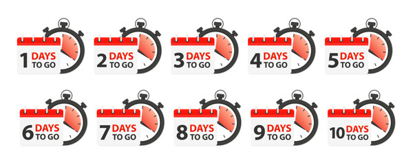 Days ti go. Count time sale. Number of days left. Countdown left days banner. Count down banner template. Nine, eight, seven, six, five, four, three, two, one, zero days left. Vector illustration