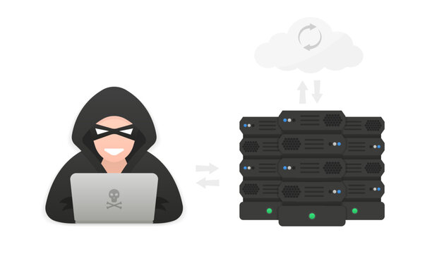 Hacker, Cyber criminal with laptop stealing user personal data. Hacker attack and web security. Internet phishing concept. Cyber attack. A hacker attacks the server. Cloud storage. Vector illustration
