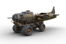 Post Apocalyptic Monster Truck Built From The Wreck Of An Old War Plane. 3D Illustration Isolated.