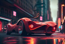 Bright Red Vintage Car In Modern City On Streets Of Futuristic City, Generative Ai