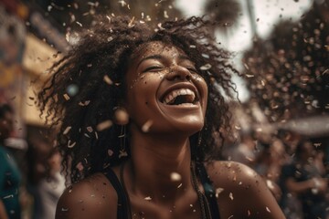 Wall Mural -  A joyful woman is seen laughing and having a great time while colorful confetti rains down on her at a festival Generative AI