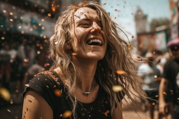 Wall Mural -  A joyful woman is seen laughing and having a great time while colorful confetti rains down on her at a festival Generative AI