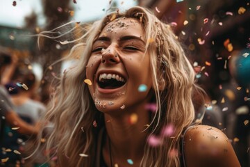 Wall Mural -  A joyful woman is seen laughing and having a great time while colorful confetti rains down on her at a festival Generative AI