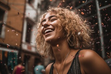 Wall Mural -  A joyful woman is seen laughing and having a great time while colorful confetti rains down on her at a festival Generative AI