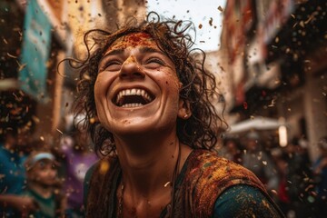 Wall Mural -  A joyful woman is seen laughing and having a great time while colorful confetti rains down on her at a festival Generative AI