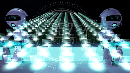 Wall Mural - 3d render illustration of robot hand typing on virtual keytboard with pc computers programming worki
