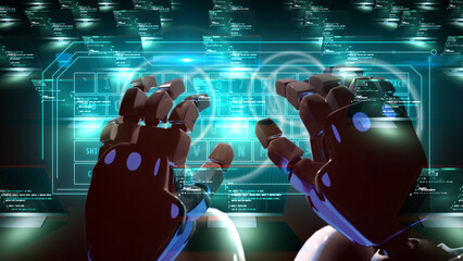 Wall Mural - 3d render illustration of robot hand typing on virtual keytboard with pc computers programming worki