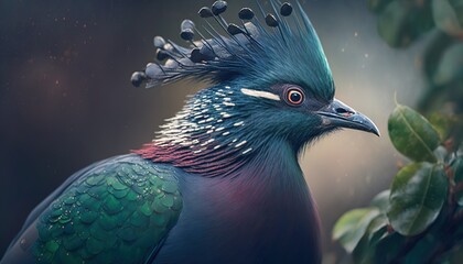 Wall Mural - Bokeh-filled close-up of a victoria-crowned bird in green Generative AI