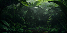 Jungle During Heavy Rain. Dark Tropical Forest With Exotic Plants, Palm Trees, Big Leaves And Ferns. Scary Thicket Of The Rainforest. Streams Of Water, Wet Green Vegetation And Ground. Generative AI