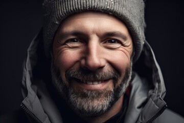 Poster - Portrait of a smiling bearded man in a warm hat and jacket.