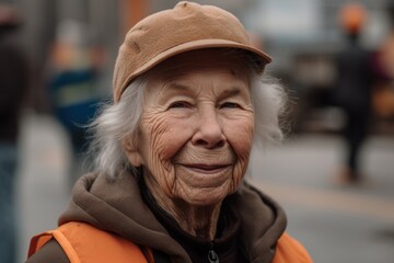 Poster - Portrait of an elderly woman in a cap and orange coat.