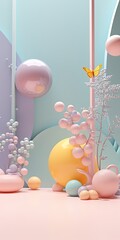 Wall Mural - Pastel colors geometric and nature 3D stage design illustration made with Generative AI 