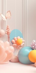 Wall Mural - Pastel colors geometric and nature 3D stage design illustration made with Generative AI 