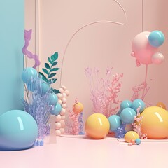 Wall Mural - Pastel colors geometric and nature 3D stage design illustration made with Generative AI 