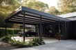 © VisualProduction - Modern steel carport in a family home. Modern house in the back. Generative ai.