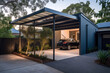 © VisualProduction - Modern steel carport in a family home. Modern house in the back. Generative ai.