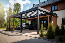 Modern Steel Carport In A Family Home. Modern House In The Back. Generative Ai.