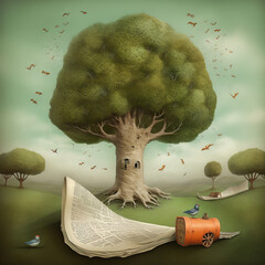 Wall Mural - Generative AI: tree and house with gardens and path