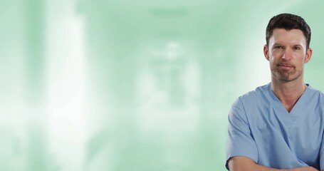 Wall Mural - Animation of caucasian male doctor over green blurred background