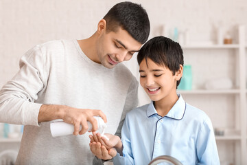 Poster - Morning of father and his little son shaving in bathroom