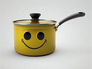 Emoticon directly on a covered kitchen pan, on an isolated gray background. Generative AI