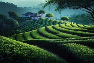 Wall Mural - Hillside Green Tea Farming and Cultivation Generative AI