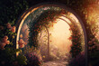 Illustration of a fairytale garden with flower arches