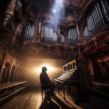 Musician Playing A Pipe Organ On A Surreal, Ai