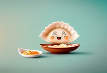 Banner With Empty Space. Cute Cartoon Playful Little Plate Of Gyoza With A Big Grin And A Dipping Sauce Bowl. Character With Room For Copy. Empty Flat Background. Generative Ai