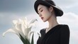 © buritora - お葬式・葬儀に来た喪服の女性（青空・百合の花・Generative AI）