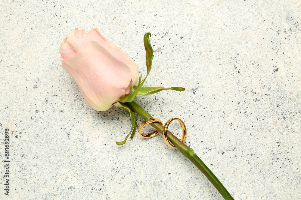 Rose with wedding rings on grunge background