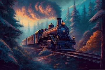 Train rides in a forest area, retro style. Vintage steam locomotive. AI generated, human enhanced.