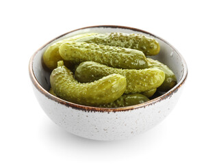 Wall Mural - Bowl with tasty fermented cucumbers on white background