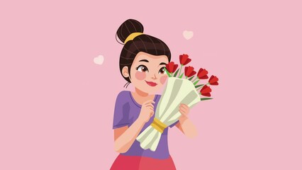 Canvas Print - young woman with flowers bouquet animation