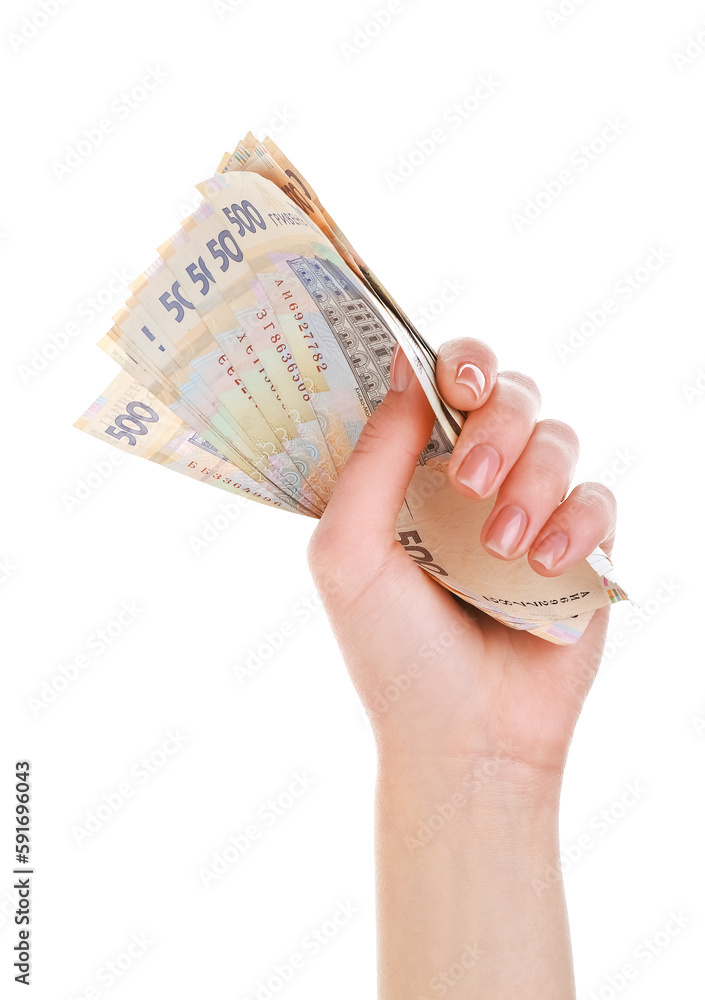 Woman with hryvnia banknotes on white background