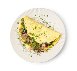 Tasty omelet with ham and greens on white background