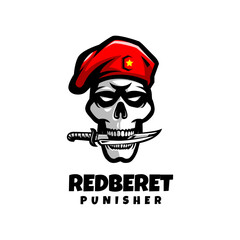 Wall Mural - Skull army with red beret biting knife