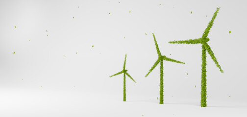 Wall Mural - Wind turbine made of leaves concept, clean renewable and eco friendly green energy industry design, future sustainable power generator technology for earth ecology 3d rendering